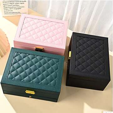 GUOER Jewelry Organizer Box for Women - Large PU Leather Jewelry Organizer Storage Case with Two Layers Display for Earrings Bracelets Rings Watches (Pink)