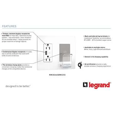 Legrand radiant RWC826USBWCCV2 Wireless USB Charger with 15 Amp Tamper Resistant Outlets and Type A USB Charging Port, for All Qi Enabled Smartphones, White (1 Count)