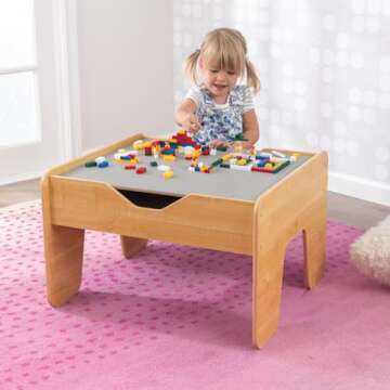 KidKraft Reversible Wooden Activity Table with Board with 195 Building Bricks – Gray & Natural, Gift for Ages 3+