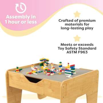KidKraft Reversible Wooden Activity Table with Board with 195 Building Bricks – Gray & Natural, Gift for Ages 3+