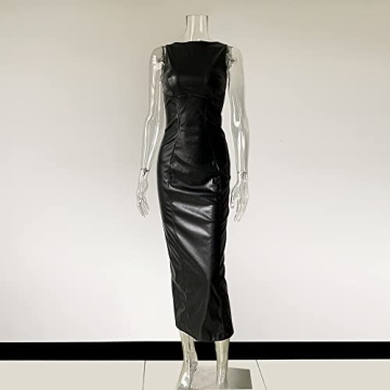 XLLAIS Women's Faux PU Leather Bodycon Maxi Dress Sexy Boatneck Tank Long Dresses (Black, Medium)