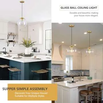 KoKo&Yukina 10" Globe Pendant Light Gold Mid Century Pendant Light Glass Globe Pendant Light Mid Century Modern Light Fixture Brushed Brass Finished with Clear Glass Lampshade for Dining Room Bedroom