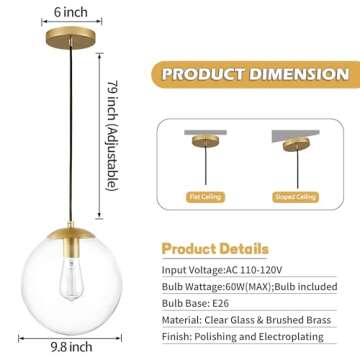KoKo&Yukina 10" Globe Pendant Light Gold Mid Century Pendant Light Glass Globe Pendant Light Mid Century Modern Light Fixture Brushed Brass Finished with Clear Glass Lampshade for Dining Room Bedroom