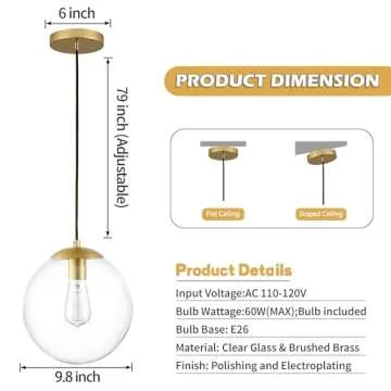 KoKo&Yukina 10" Globe Pendant Light Gold Mid Century Pendant Light Glass Globe Pendant Light Mid Century Modern Light Fixture Brushed Brass Finished with Clear Glass Lampshade for Dining Room Bedroom