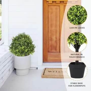 I.C.ELAINE 27" Faux Boxwood Plants Indoor & Outdoor Set of 2, UV-Resistant Topiary Trees Artificial Bushes & Shrubs, Fake Potted Plants Evergreen for Planters Front Porch Patio Decor