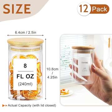 AISIPRIN Glass Jar with Labels,Spice Jars with Bamboo Lids,12 Pcs 9oz Kitchen Food Containers Organizer- Marker and 114 Labels Included