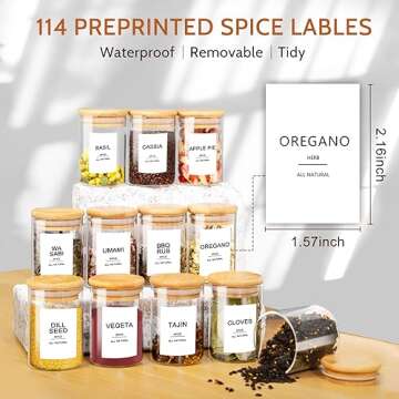 AISIPRIN Glass Jar with Labels,Spice Jars with Bamboo Lids,12 Pcs 9oz Kitchen Food Containers Organizer- Marker and 114 Labels Included