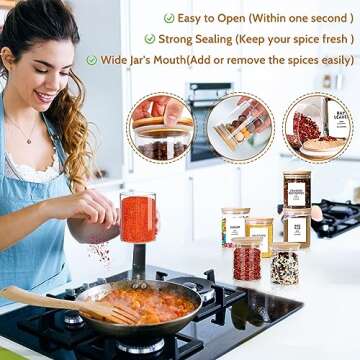 AISIPRIN Glass Jar with Labels,Spice Jars with Bamboo Lids,12 Pcs 9oz Kitchen Food Containers Organizer- Marker and 114 Labels Included