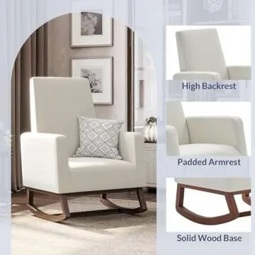 BELLEZE Modern Rocking Chair, Nursery Glider Rocker with Comfortable Padded Seat Solid Wood Base, Fabric Upholstery Arm Chair for Living Room Bedroom Baby Room - Felix (White)