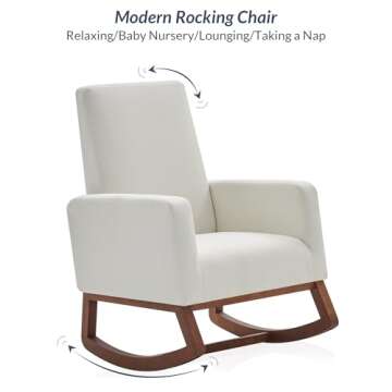 BELLEZE Modern Rocking Chair, Nursery Glider Rocker with Comfortable Padded Seat Solid Wood Base, Fabric Upholstery Arm Chair for Living Room Bedroom Baby Room - Felix (White)