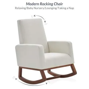 BELLEZE Modern Rocking Chair, Nursery Glider Rocker with Comfortable Padded Seat Solid Wood Base, Fabric Upholstery Arm Chair for Living Room Bedroom Baby Room - Felix (White)