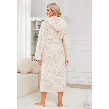 LYCY Women Hooded Fleece Robe, Soft Warm Plush Bathrobe for Women Fluffy Spa Long Robe（Orange Brown Print, S/M）