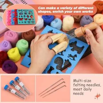 QMNNMA 241 Pcs Needle Felting Kit - Complete Needle Felting Tools and Supplies with Felt Wool 50 Colors, Felt Molds, High Density Foam Pad Storage Box for DIY Craft Animal Home Decoration