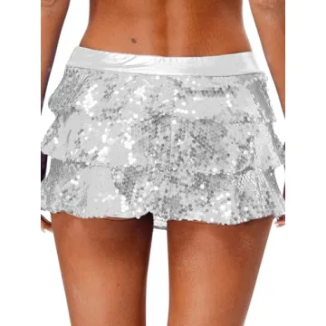 FEESHOW Shiny Sequins Miniskirt Sparkle Dancewear Silver