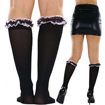 ToBeInStyle Women's Flirty Knee High Socks w/Ruffled Top - Black and Pink