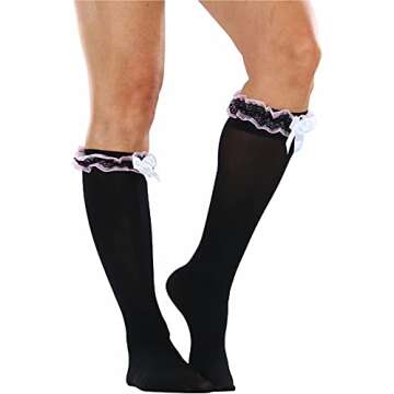 ToBeInStyle Women's Flirty Knee High Socks w/Ruffled Top - Black and Pink