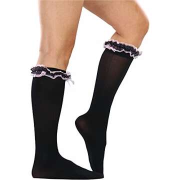 ToBeInStyle Women's Flirty Knee High Socks w/Ruffled Top - Black and Pink