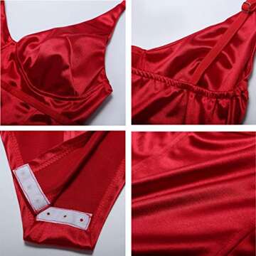 Velius Women's Sexy Deep V Neck Shiny Thong Bodysuit Tank Tops with Underwire (Red, Medium)