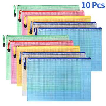 10 Pcs Mesh Zipper Pouch Bags,5 Colors Letter Size A4 Size Waterproof Plastic Document File Bags,Multipurpose Puzzle Project Bags for Travel Storage,Office Supplies,Home Organize