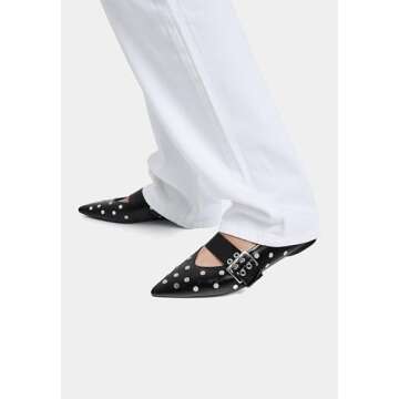 Yishaweiqi Black Studs Buckle Strap Ballet Flats Shoes for Women Pointed Toe Ballerina Shoes Mary Ja...