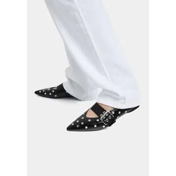 Yishaweiqi Black Studs Buckle Strap Ballet Flats Shoes for Women Pointed Toe Ballerina Shoes Mary Ja...