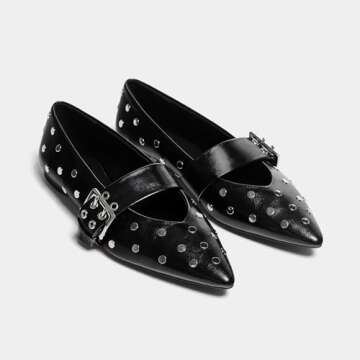Yishaweiqi Black Studs Buckle Strap Ballet Flats Shoes for Women Pointed Toe Ballerina Shoes Mary Jane Flats Comfortable Casual Drive Shoes