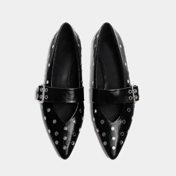 Yishaweiqi Black Studs Buckle Strap Ballet Flats Shoes for Women Pointed Toe Ballerina Shoes Mary Jane Flats Comfortable Casual Drive Shoes