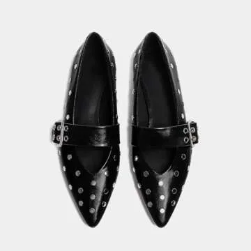 Yishaweiqi Black Studs Buckle Strap Ballet Flats Shoes for Women Pointed Toe Ballerina Shoes Mary Jane Flats Comfortable Casual Drive Shoes