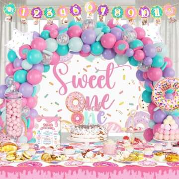 127 PCs Sweet One Birthday Party Decorations, Fiesec Donut 1st Party Decorations for Girl Backdrop Balloon Garland Monthly Photo Highchair Banner Tablecloth Cake Topper Box Cutout Crown Poster