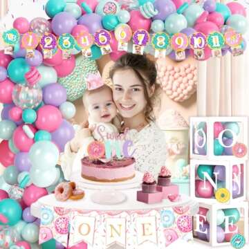 127 PCs Sweet One Birthday Party Decorations, Fiesec Donut 1st Party Decorations for Girl Backdrop Balloon Garland Monthly Photo Highchair Banner Tablecloth Cake Topper Box Cutout Crown Poster
