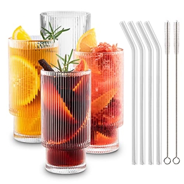 Gracenal Ribbed Glass Cups with Straws 12oz Set of 4
