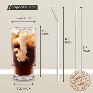 Gracenal Ribbed Glass Cups with Straws 12oz Set of 4
