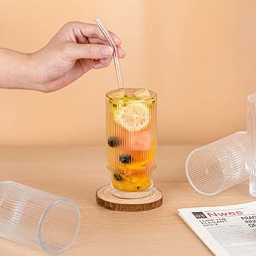 Gracenal Ribbed Glass Cups with Straws 12oz Set of 4