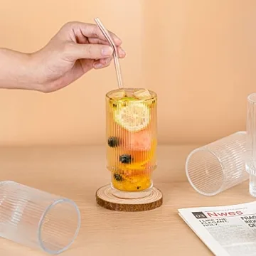 Gracenal Ribbed Glass Cups with Straws 12oz Set of 4