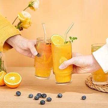 Gracenal Ribbed Glass Cups with Straws 12oz Set of 4