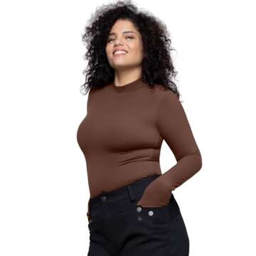 PUMIEY Long Sleeve Shirts for Women Turtleneck Shirt Women Going Out Tops Basic Tee, Chocolate Small