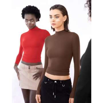 PUMIEY Long Sleeve Shirts for Women Turtleneck Shirt Women Going Out Tops Basic Tee, Chocolate Small