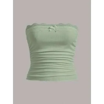 SOLY HUX Women's Lace Trim Ruched Bandeau Crop Tube Tops Bowknot Front Strapless Summer Tops Solid Mint Green XS