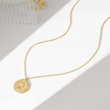 VACRONA Coin Necklace for Women 18k Gold Plated Vintage Coin Round Pendant Necklace Gold Circle Disk Medal Textured Medallion Protection Dainty Jewelry Gift for Her
