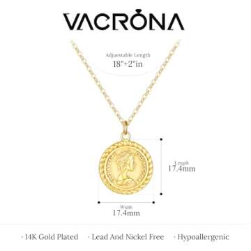 VACRONA Coin Necklace for Women 18k Gold Plated Vintage Coin Round Pendant Necklace Gold Circle Disk Medal Textured Medallion Protection Dainty Jewelry Gift for Her