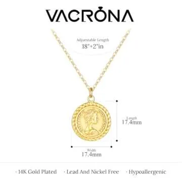 VACRONA Coin Necklace for Women 18k Gold Plated Vintage Coin Round Pendant Necklace Gold Circle Disk Medal Textured Medallion Protection Dainty Jewelry Gift for Her