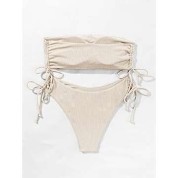 MakeMeChic Women's 2 Piece Bandeau Swimsuits Tie Side Ribbed Bikini Set Tankini Apricot XS