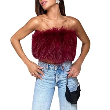 ZGMYC Women's Sexy Feather Crop Top - Furry Strapless Top for Parties