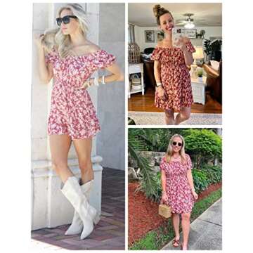 Womens Summer Dresses Square Neck Off The Shoulder Floral Mini Dress for Wedding Guest Trendy Red Athletic Short Dresses That Hide Belly Fat Cute Beach Vacation Outfits