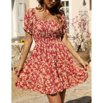 Womens Summer Dresses Square Neck Off The Shoulder Floral Mini Dress for Wedding Guest Trendy Red Athletic Short Dresses That Hide Belly Fat Cute Beach Vacation Outfits