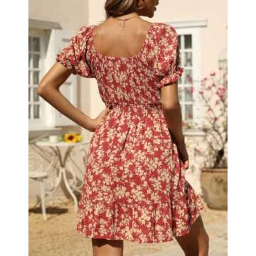 Womens Summer Dresses Square Neck Off The Shoulder Floral Mini Dress for Wedding Guest Trendy Red Athletic Short Dresses That Hide Belly Fat Cute Beach Vacation Outfits