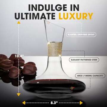 Berkware Red Wine Decanter - Luxurious Wide Base Glass Wine Carafe with Dazzling Rhinestone Design, 750ml (Gold)