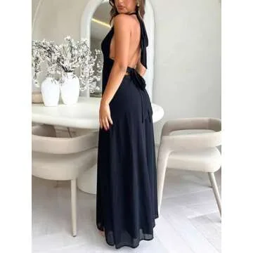 Halfword Women's Summer 2024 Deep V Neck Sexy High Slit Infinity Backless Club Party Date Night Maxi Dress Black