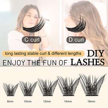 QUEWEL Cluster Lashes 72 Pcs Wide Stem Individual Lashes C/D Curl 8-16mm Length DIY Eyelash Extension False Eyelashes Soft for Personal Makeup Use at Home (Fluffy-C-14)