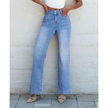 Sidefeel Women's High Waist Jeans Stretchy Flared Wide Leg Pockets Front Denim Pants Bootcut Iceland Blue Size 18